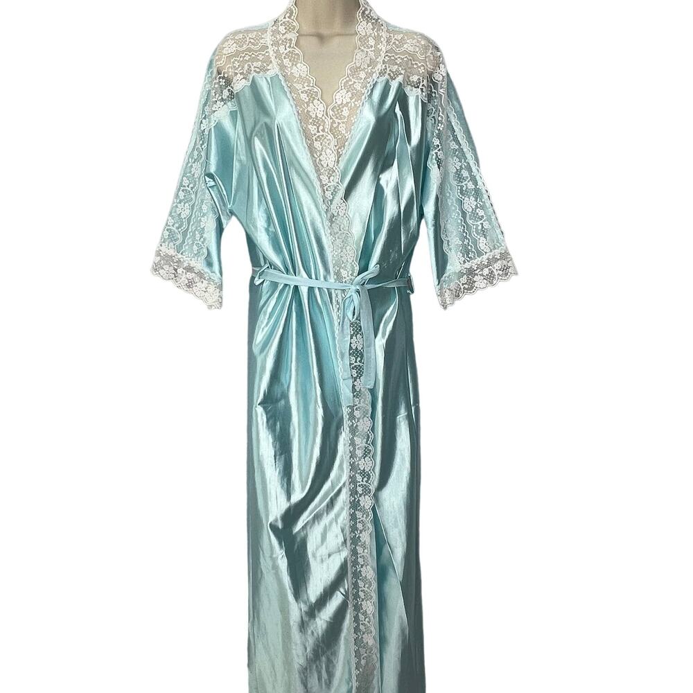 Vintage Reasa Martin Lace Satin Shiny Robe Aqua Blue Size L 1/2 Sleeve Sheer